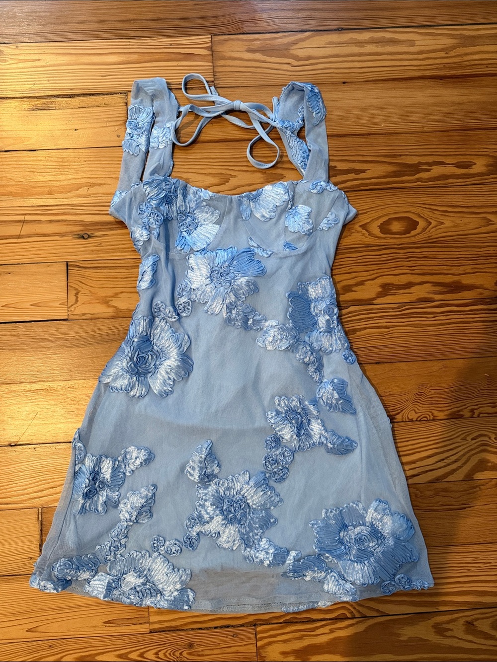 Light Blue Floral Embroidered Mesh Mini Dress